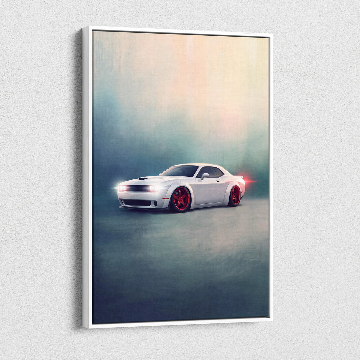 Dodge challenger inspired widebody muscle car canvas print featuring a white car with red rims in a framed art print