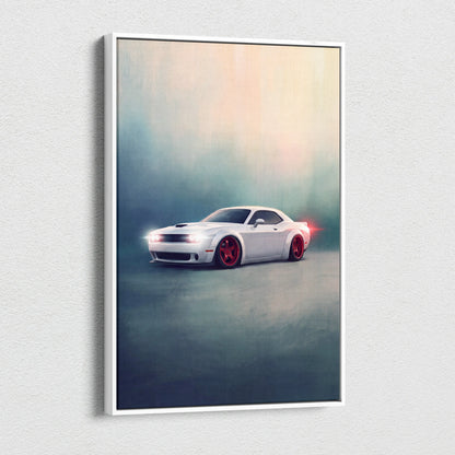 Dodge challenger inspired widebody muscle car canvas print featuring a white car with red rims in a framed art print