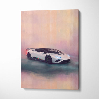 White lamborghini huracán sto inspired supercar canvas art print with glowing blue headlights and red taillights
