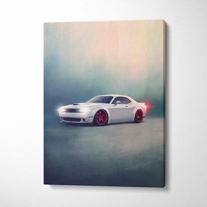 White dodge challenger with red rims on canvas print featuring widebody muscle car wall art for automotive decor