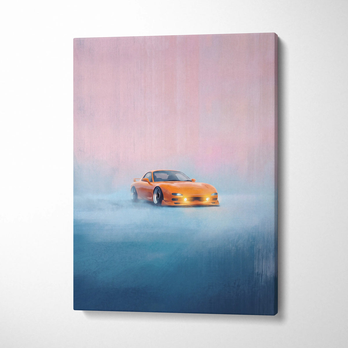 Vibrant orange Mazda RX-7 inspired sports car canvas print with misty dreamlike background for living room wall art