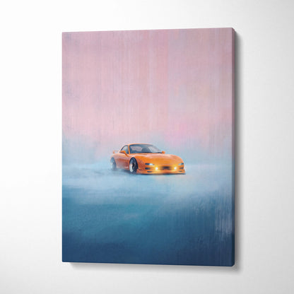 Vibrant orange Mazda RX-7 inspired sports car canvas print with misty dreamlike background for living room wall art
