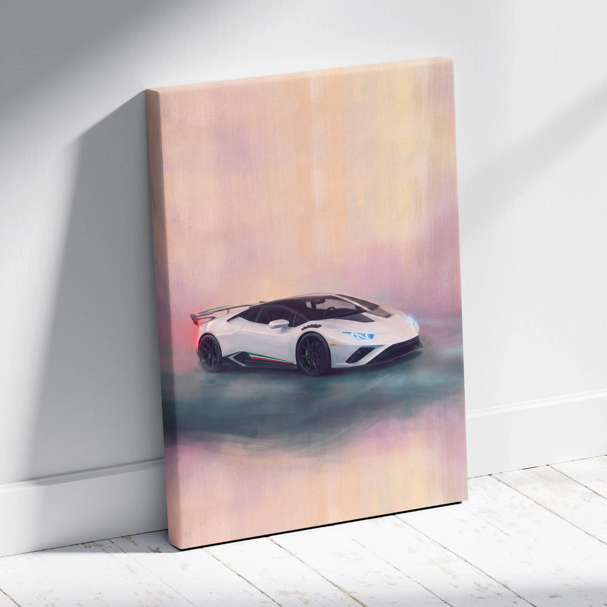 White Lamborghini Huracán STO inspired supercar canvas art print with black accents on a soft pastel gradient background