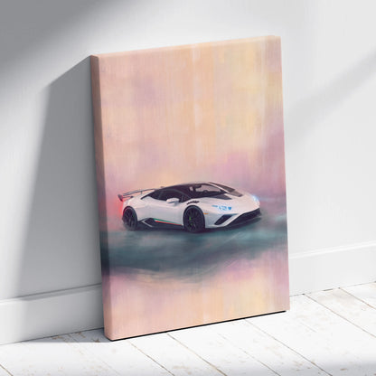 White Lamborghini Huracán STO inspired supercar canvas art print with black accents on a soft pastel gradient background