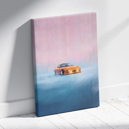 Mazda rx-7 inspired vibrant orange sports car canvas print with gradient pink and blue background for living room wall art