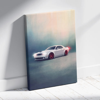 White dodge challenger canvas print with red wheels and glowing headlights leaning against a white wall
