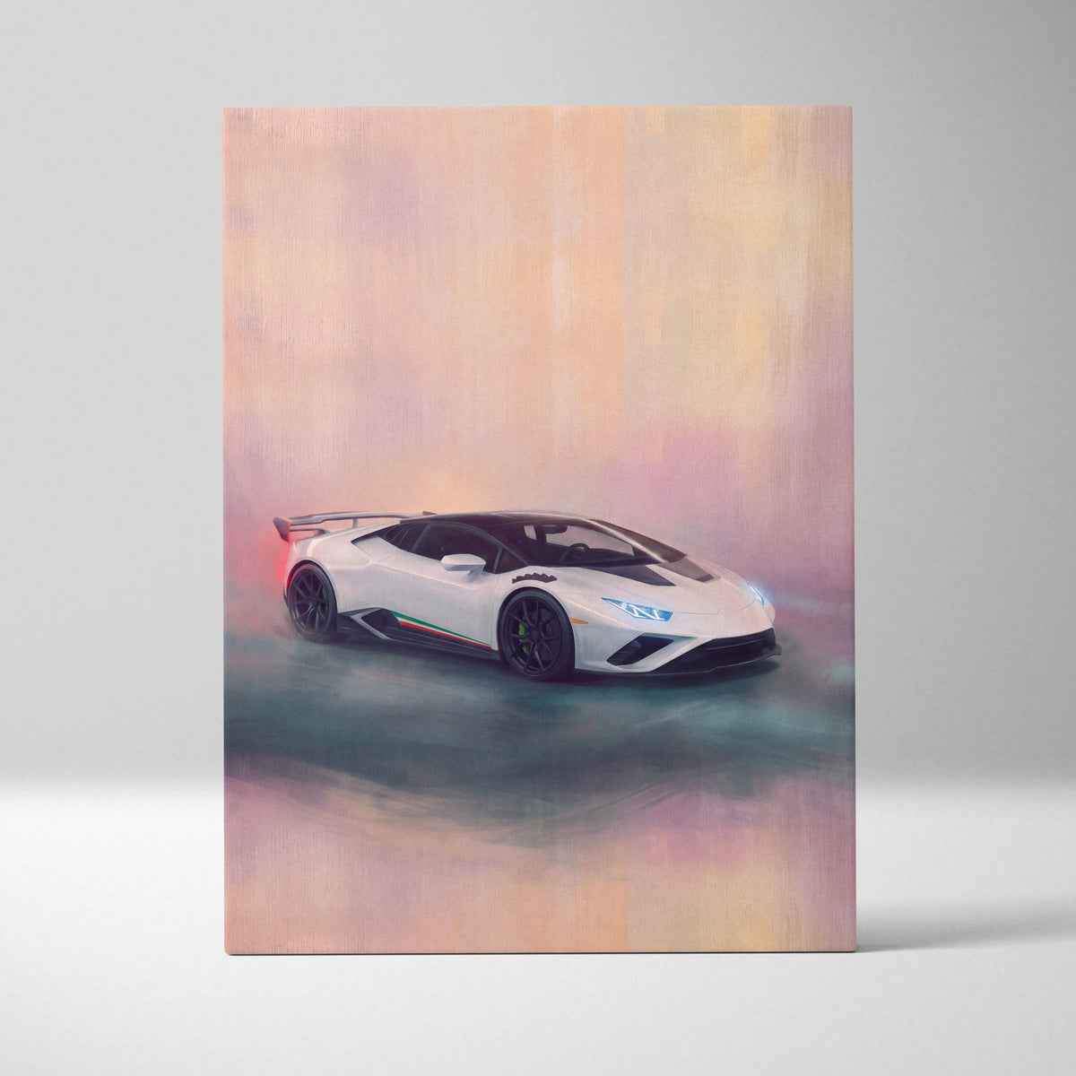 White Lamborghini Huracán STO inspired supercar canvas art featuring black accents and rear spoiler in painting style