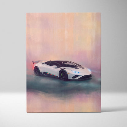 White Lamborghini Huracán STO inspired supercar canvas art featuring black accents and rear spoiler in painting style