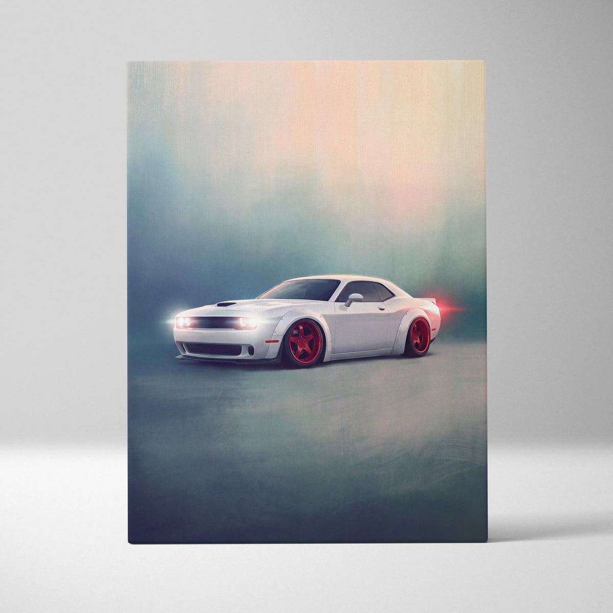 Stylized dodge challenger inspired automotive wall art featuring white widebody muscle car with red rims on canvas print