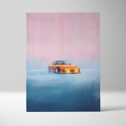 Vibrant orange Mazda RX-7 inspired JDM sports car canvas print with misty pink and blue gradient for living room wall art