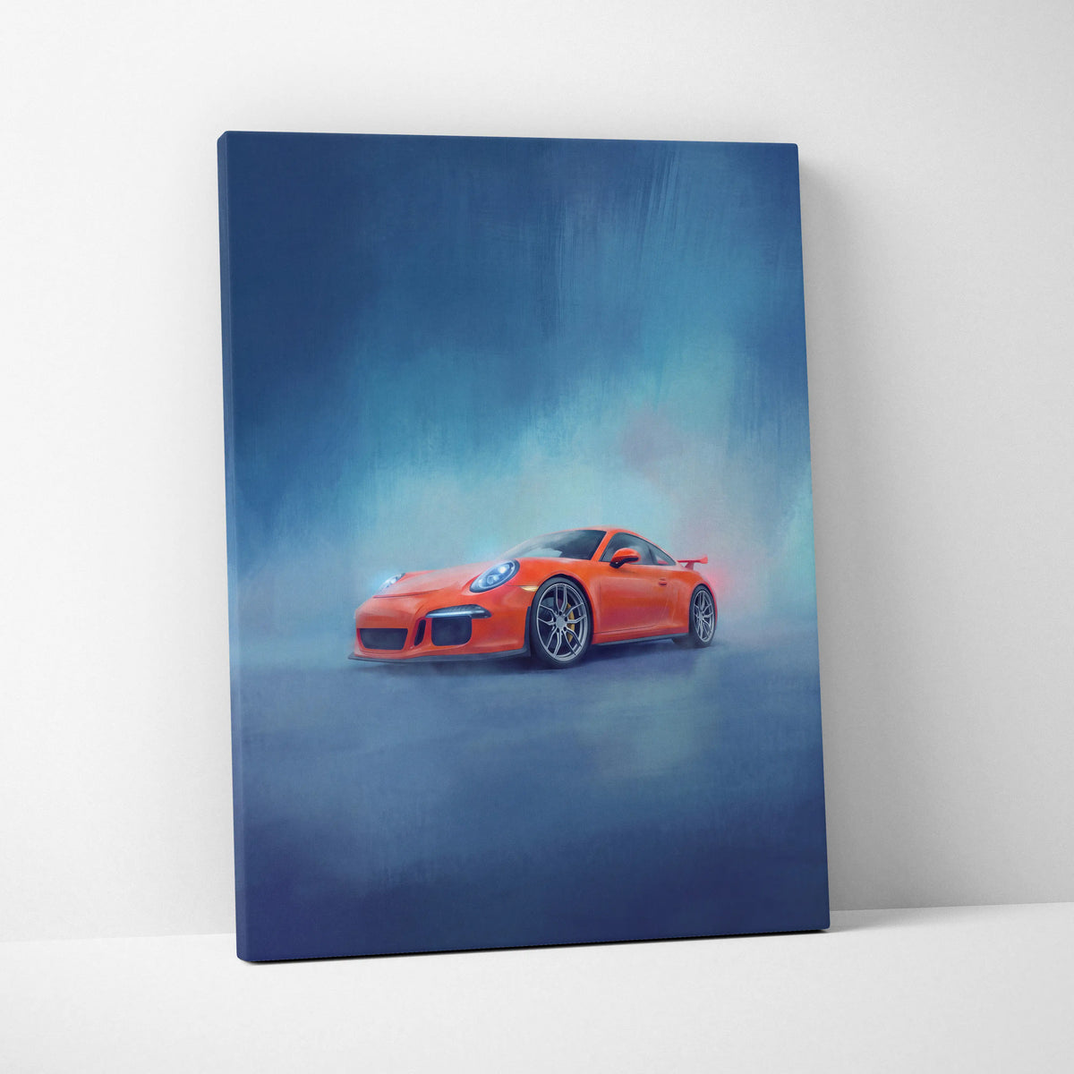 Vibrant orange porsche 911 gt3 sports car on misty blue luxury supercar canvas print wall art
