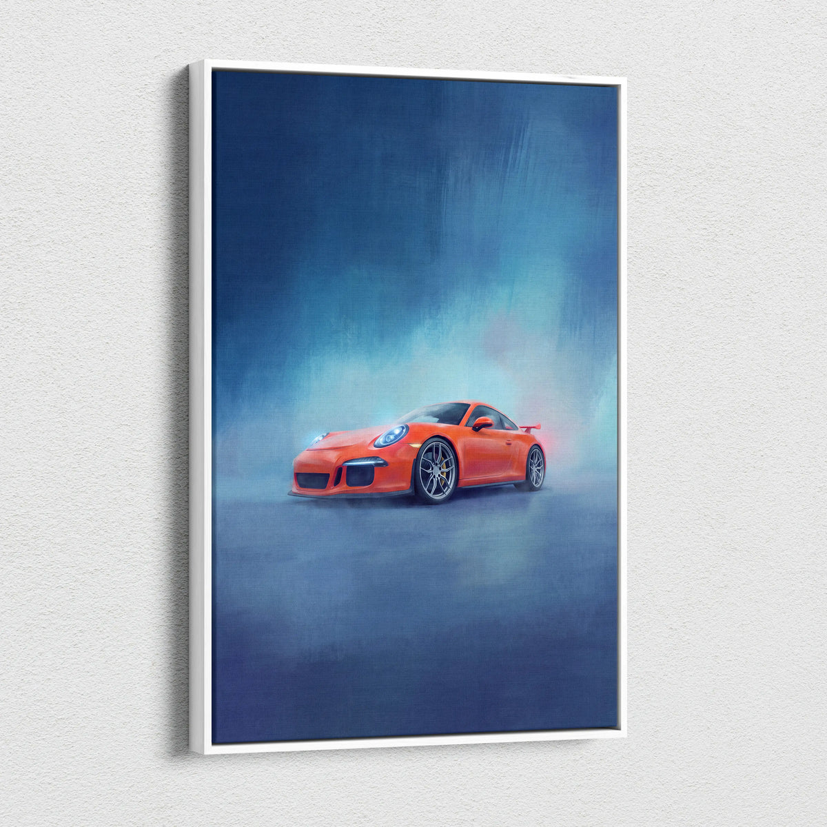 Vibrant orange Porsche 911 GT3 inspired sports car artwork in a sleek white frame blue-toned automotive canvas print