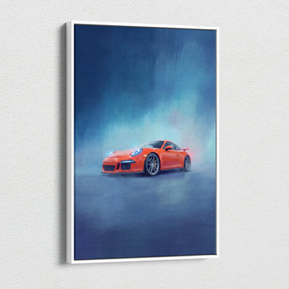 Vibrant orange Porsche 911 GT3 inspired sports car artwork in a sleek white frame blue-toned automotive canvas print