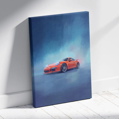 Vibrant orange porsche 911 gt3 sports car on misty blue luxury supercar canvas print wall art