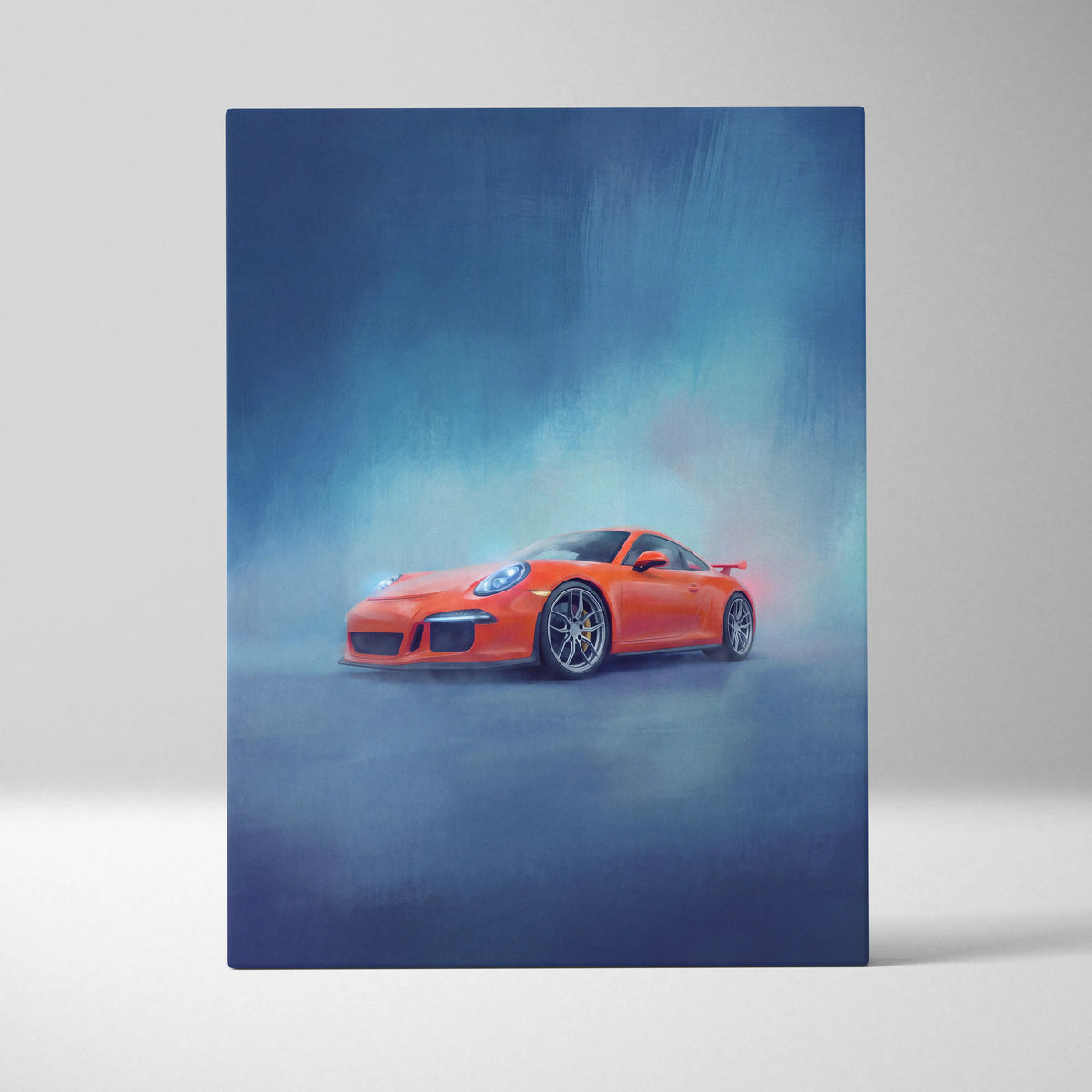 Vibrant orange porsche 911 gt3 inspired sports car on smoky blue luxury supercar canvas wall art print