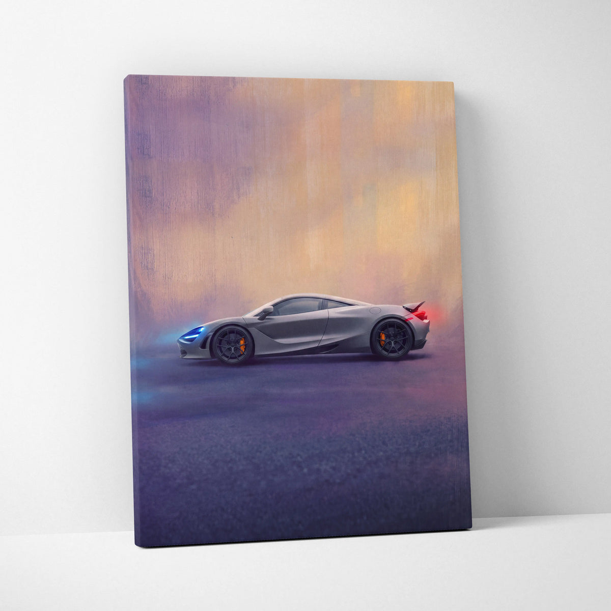 Gray McLaren 720S sports car canvas art print with glowing blue headlights and red taillights against gradient sky