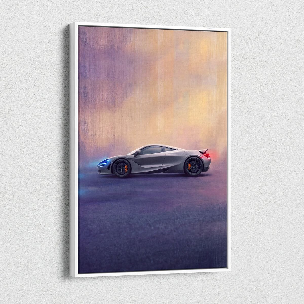 Silver mclaren 720s inspired supercar canvas art with glowing blue and red accents custom car wall art print