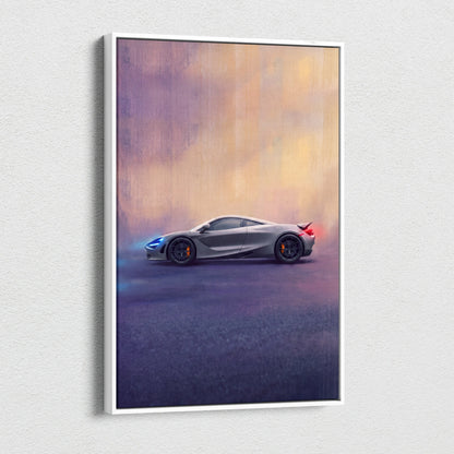 Silver mclaren 720s inspired supercar canvas art with glowing blue and red accents custom car wall art print