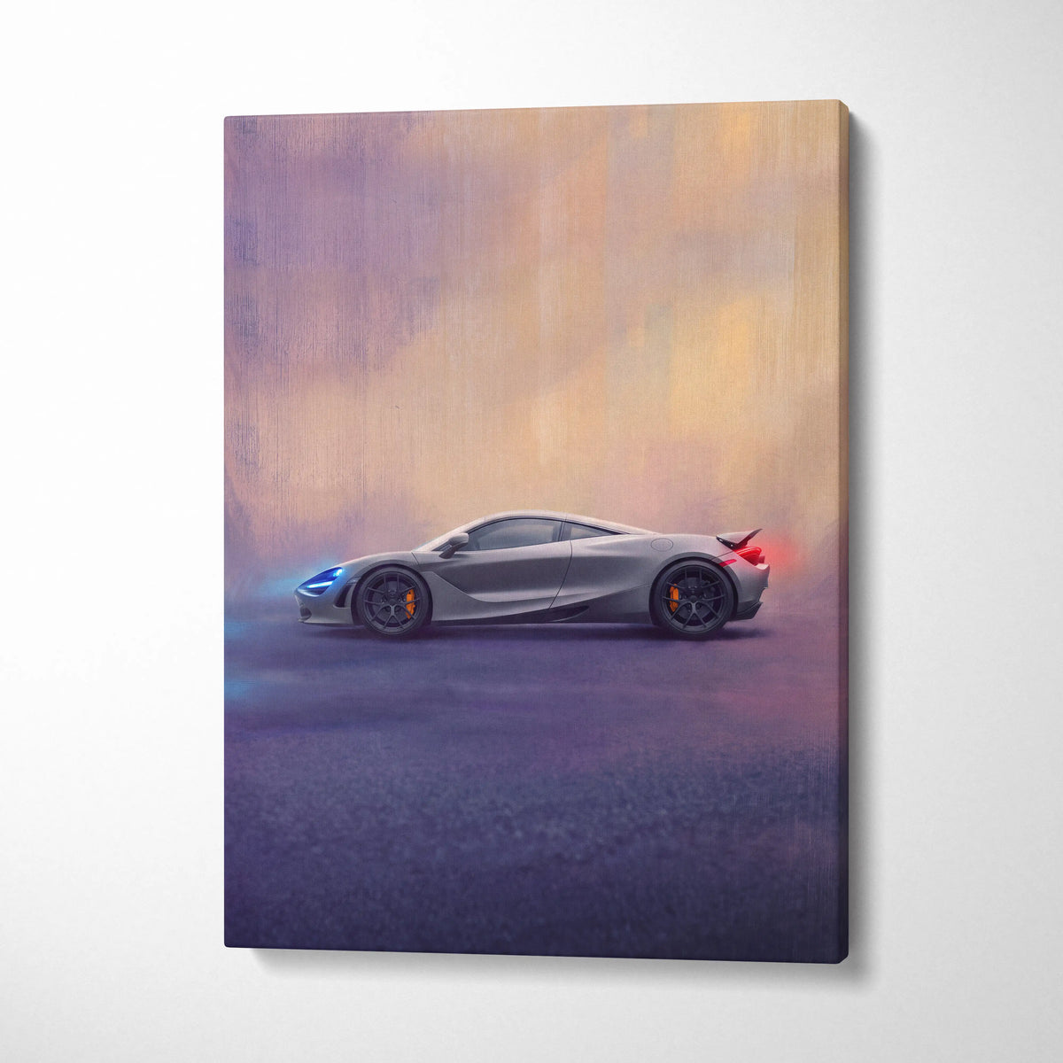 Gray mclaren 720s inspired supercar canvas art with glowing blue and red accents custom car wall art print