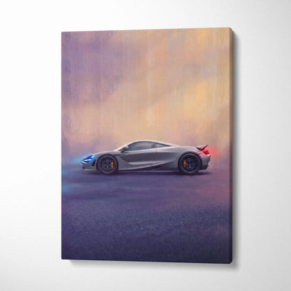 Gray mclaren 720s inspired supercar canvas art with glowing blue and red accents custom car wall art print