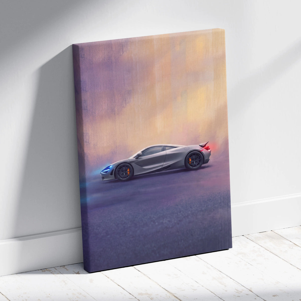 Gray mclaren 720s sports car canvas art print with glowing blue and red headlights on gradient sky backdrop