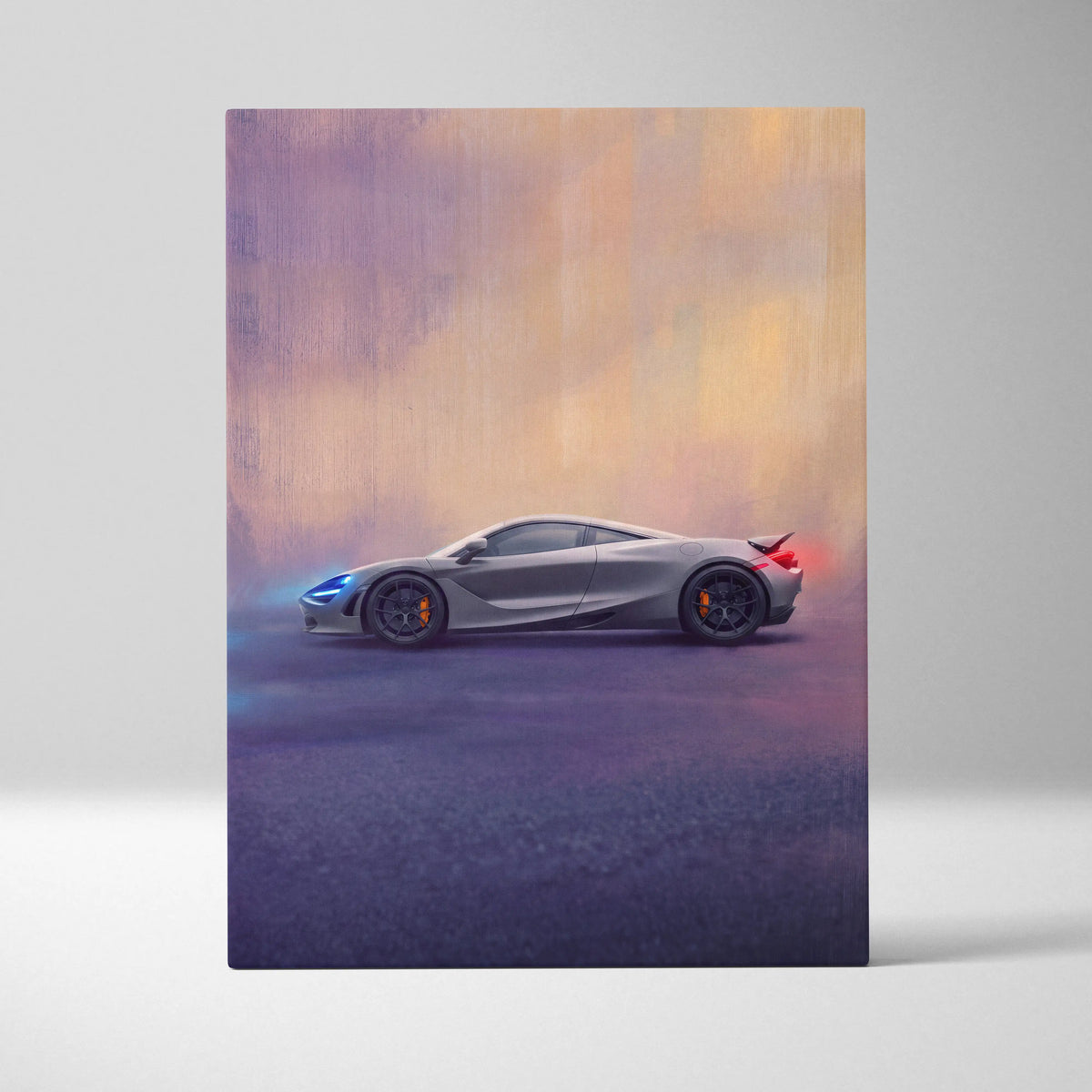 Gray mclaren 720s sports car with black wheels and orange brake calipers in stylized artistic canvas wall art print