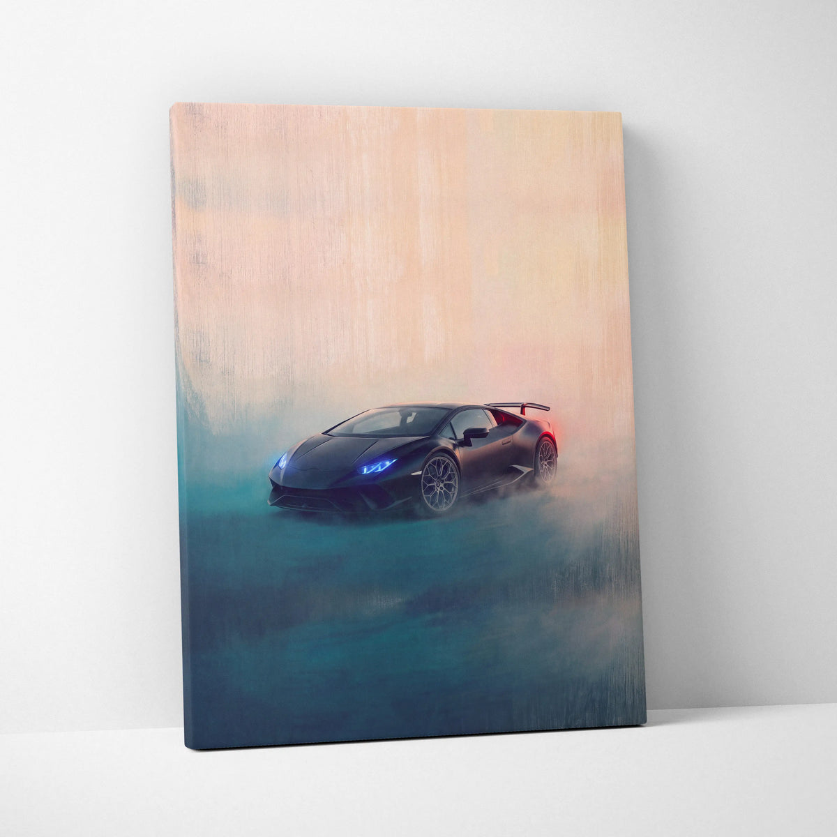 Black Lamborghini Huracán inspired canvas art with glowing blue headlights and red taillights for premium wall decor