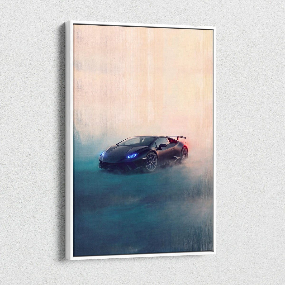 Black lamborghini huracán sports car canvas art with glowing blue headlights and red taillight framed in white