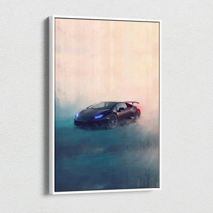Black lamborghini huracán sports car canvas art with glowing blue headlights and red taillight framed in white