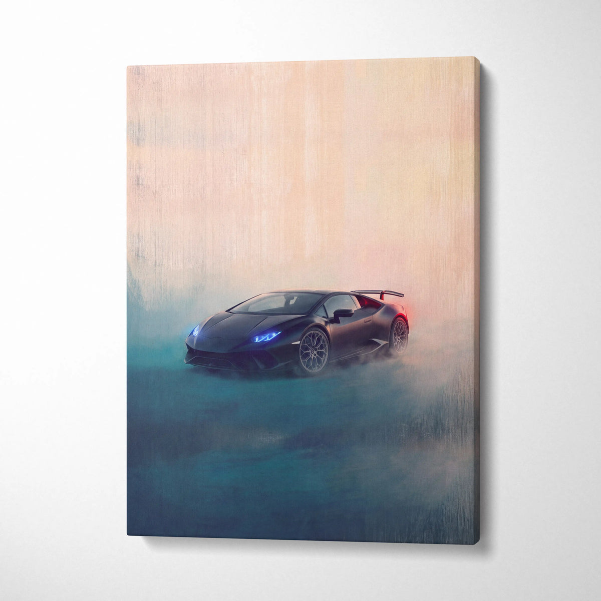 Black Lamborghini Huracán canvas print featuring glowing blue headlights and red taillights in misty background