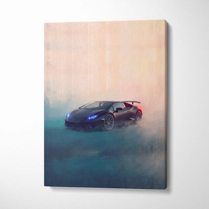 Black Lamborghini Huracán canvas print featuring glowing blue headlights and red taillights in misty background