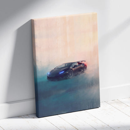 Black Lamborghini Huracán canvas print with glowing blue headlights and red taillight for premium automotive decor