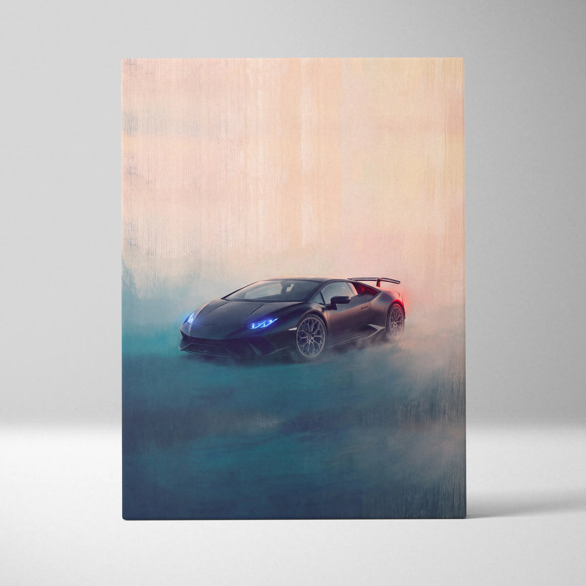 Black lamborghini huracán inspired canvas art featuring a sports car with blue headlights and rear spoiler for wall decor