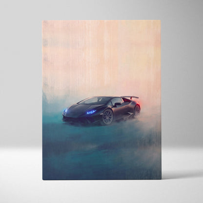 Black lamborghini huracán inspired canvas art featuring a sports car with blue headlights and rear spoiler for wall decor