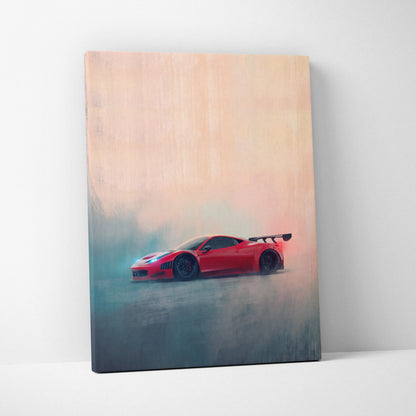 Red ferrari 458 italia inspired sports car wall art canvas print with sleek design black rims and rear spoiler