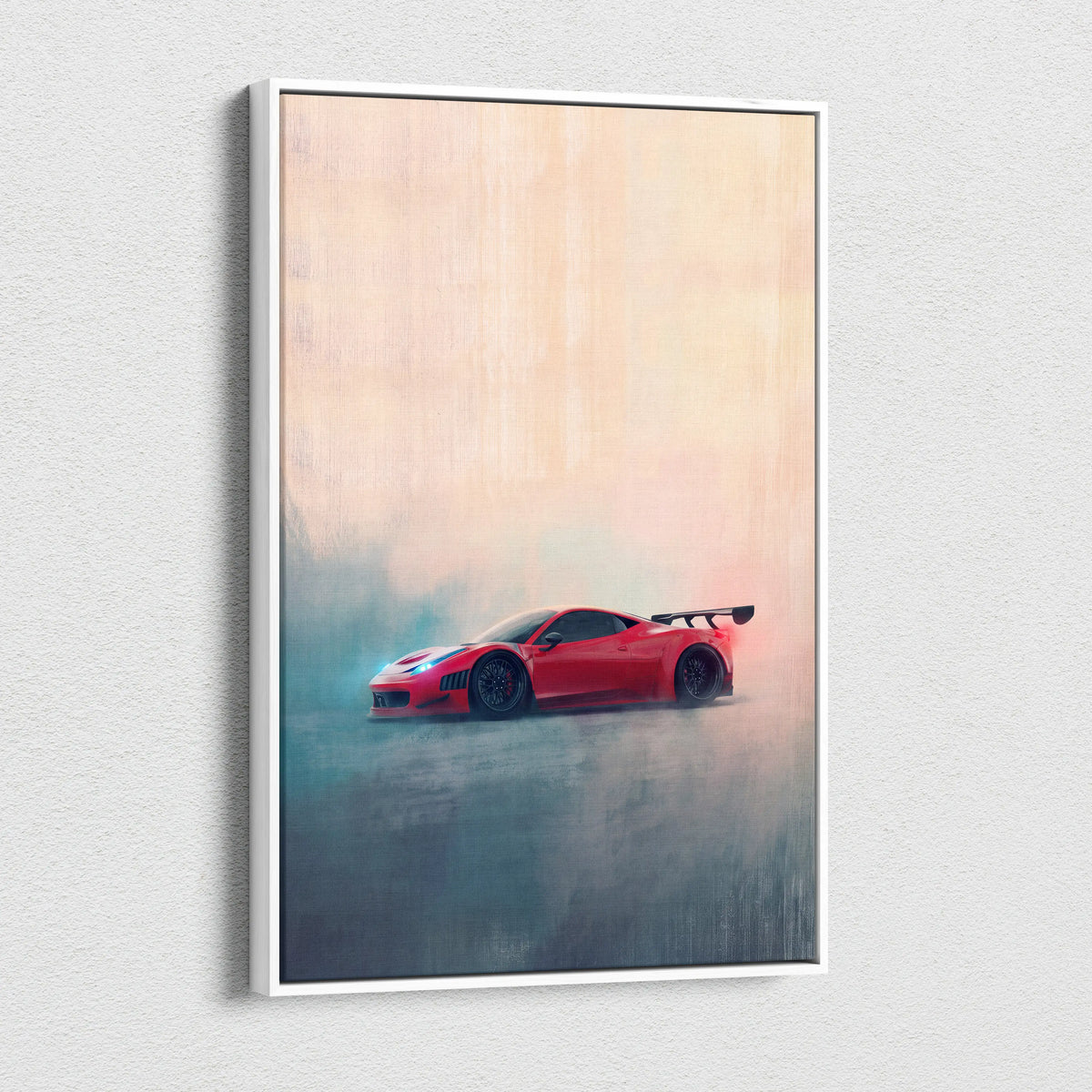 Red ferrari 458 italia inspired sports car wall art in white frame canvas painting print track edition