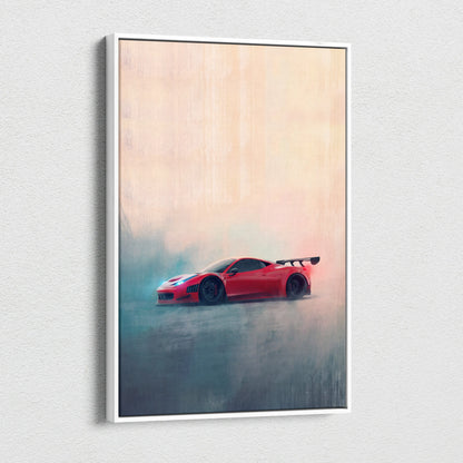 Red ferrari 458 italia inspired sports car wall art in white frame canvas painting print track edition