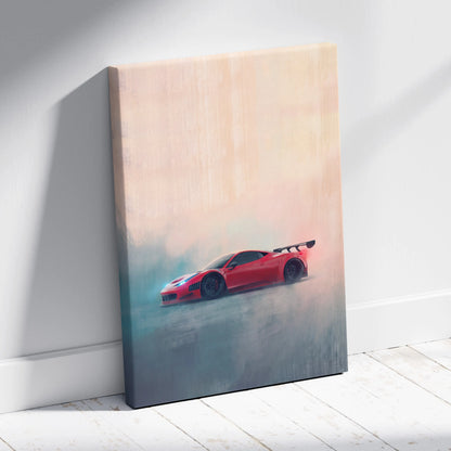 Red Ferrari 458 Italia inspired sports car canvas print with sleek aerodynamic design and black wheels for wall art
