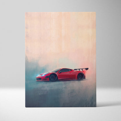 Vibrant red ferrari 458 italia sports car wall art featuring dynamic smoky artistic rendering on canvas print