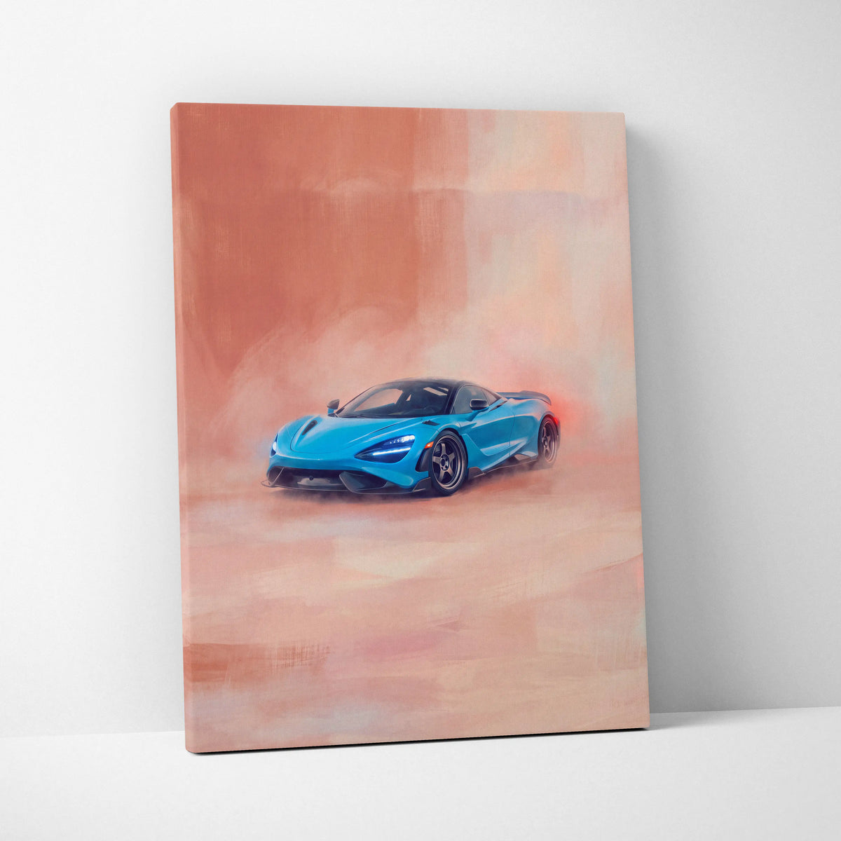 Vibrant blue McLaren 720S sports car on a smoky orange and pink watercolor luxury supercar canvas wall art print