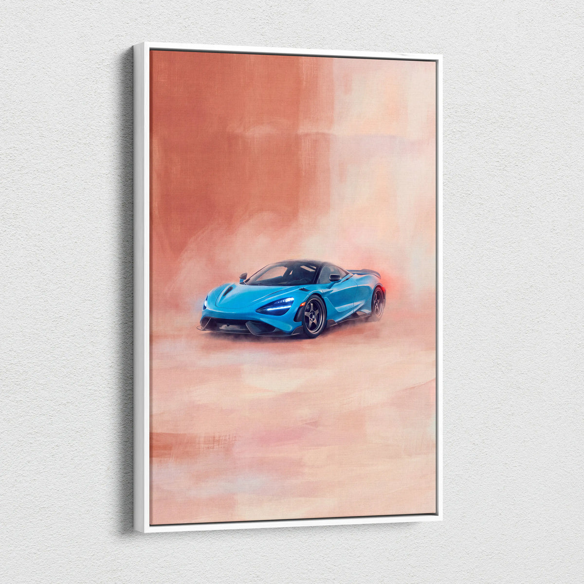 A vibrant blue mclaren 720s sports car in a dynamic smoky design on a sleek white-framed luxury supercar canvas print