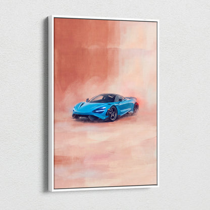A vibrant blue mclaren 720s sports car in a dynamic smoky design on a sleek white-framed luxury supercar canvas print