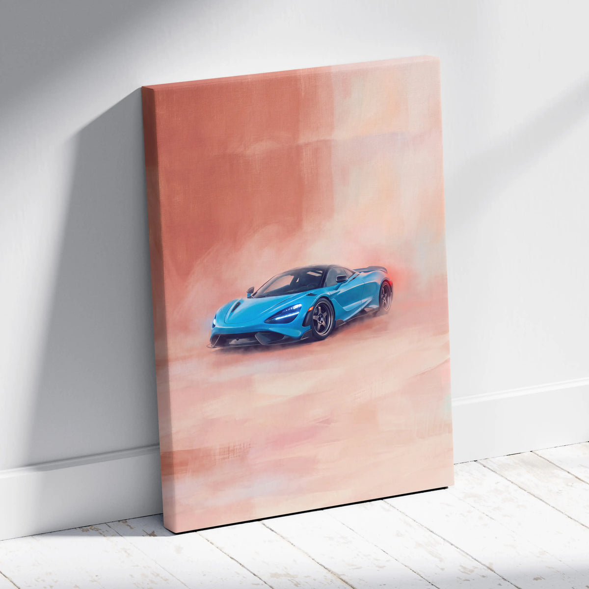 Blue McLaren 720S sports car canvas print with watercolor background luxury supercar wall art for automotive decor