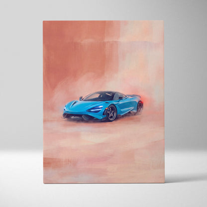 Vibrant blue mclaren 720s sports car in dynamic smoky art style on luxury supercar canvas wall art print
