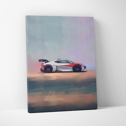 A sleek white and red porsche mission r inspired supercar with black wheels painted on canvas wall art print