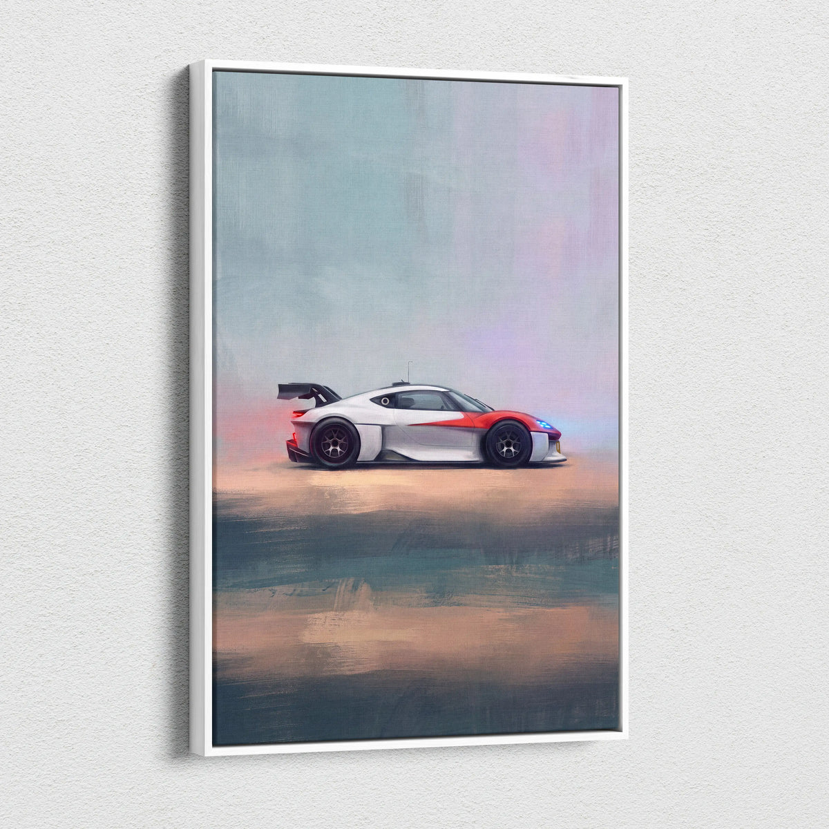 Porsche mission r inspired supercar canvas art featuring a sleek white and red sports car with black rear wing in a white frame