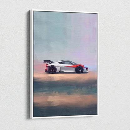 Porsche mission r inspired supercar canvas art featuring a sleek white and red sports car with black rear wing in a white frame
