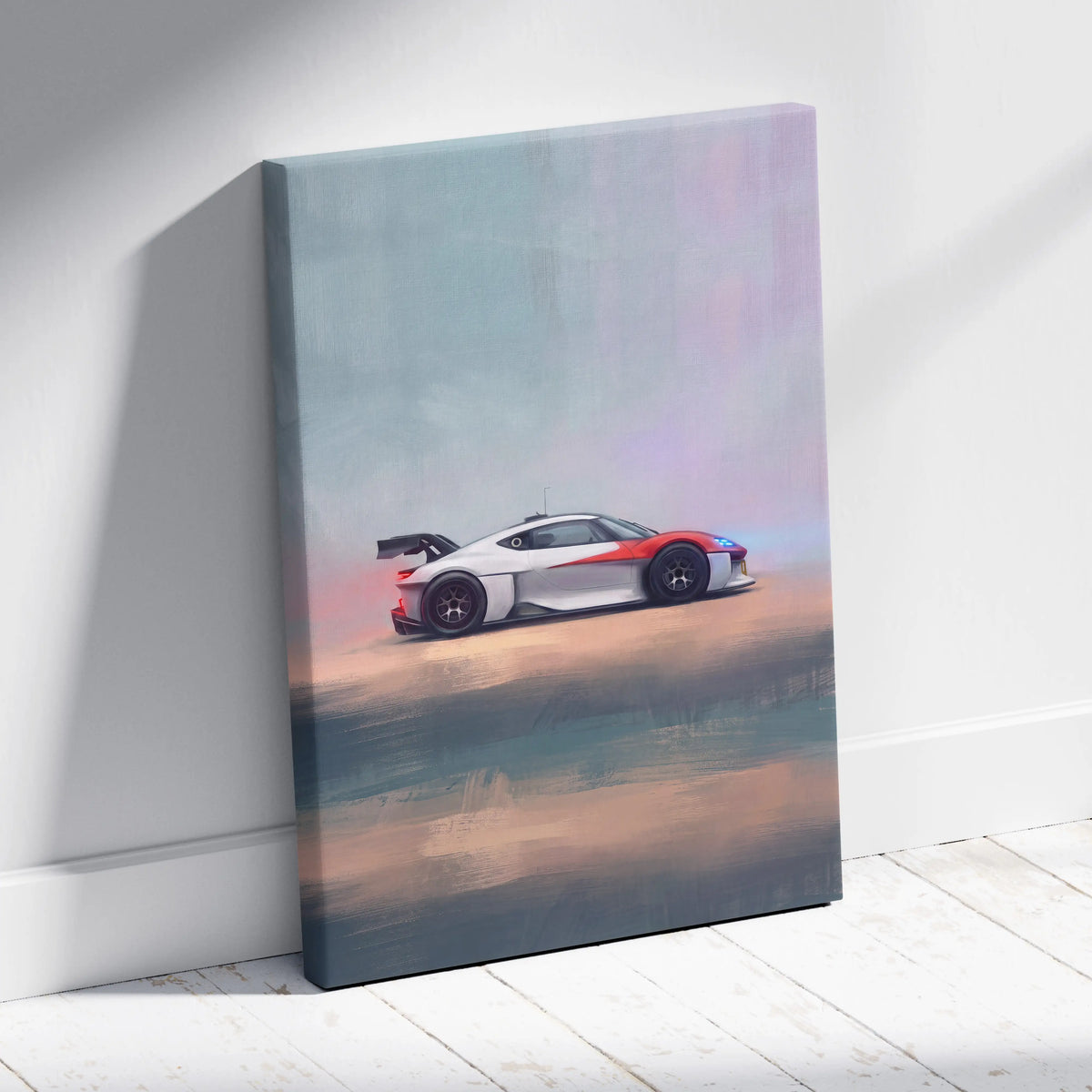 Porsche mission r inspired supercar canvas art featuring a sleek white and orange sports car with black wheels