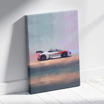 Porsche mission r inspired supercar canvas art featuring a sleek white and orange sports car with black wheels