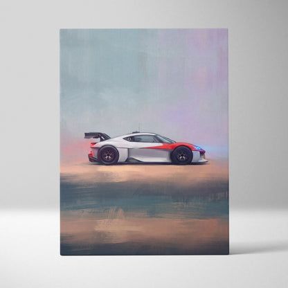 Porsche mission r inspired supercar canvas art featuring a sleek white and red sports car with black wheels in stylized painting